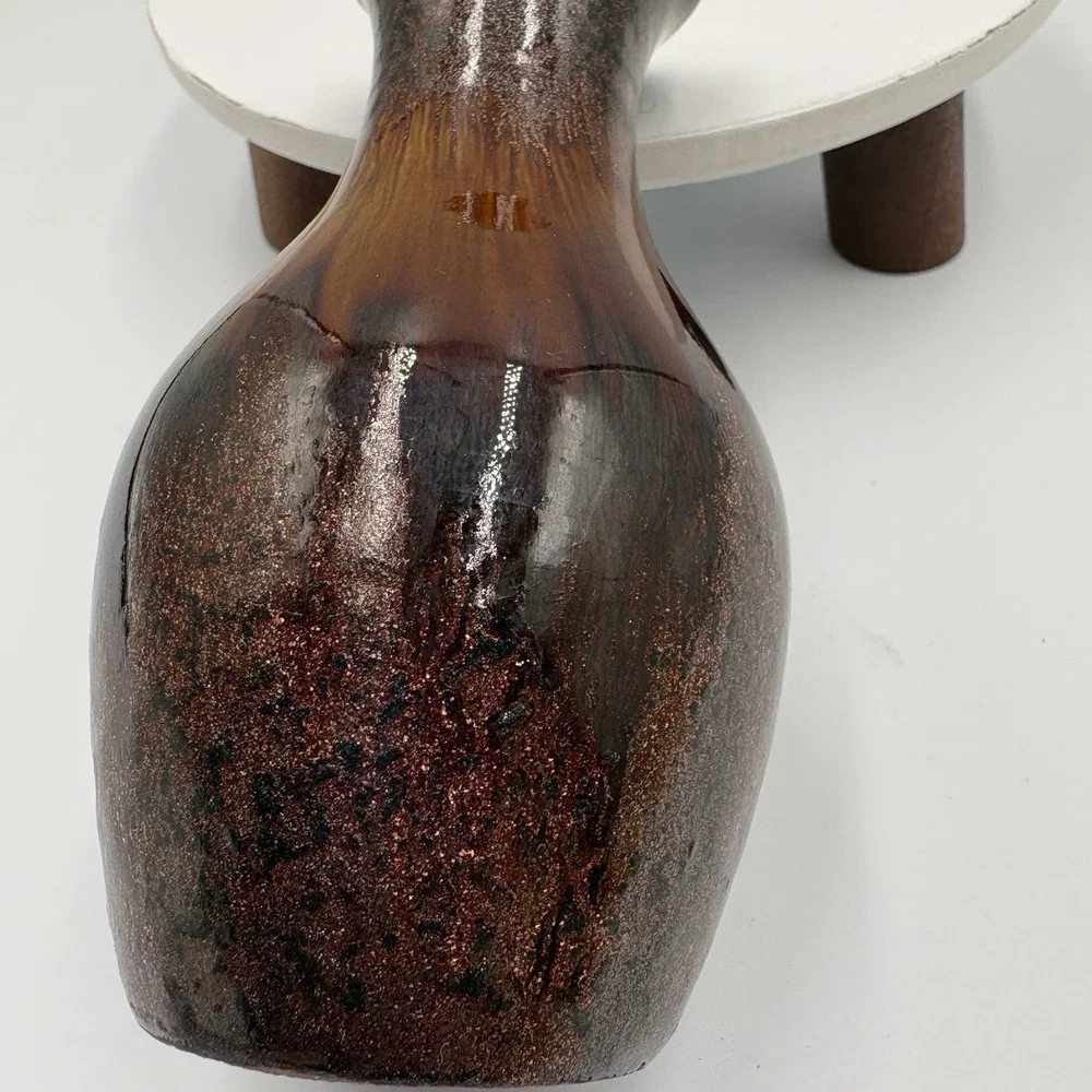 Vintage Small Art Pottery Bud Vase Pretty Drip Glaze Brown Gold Iridescent 5